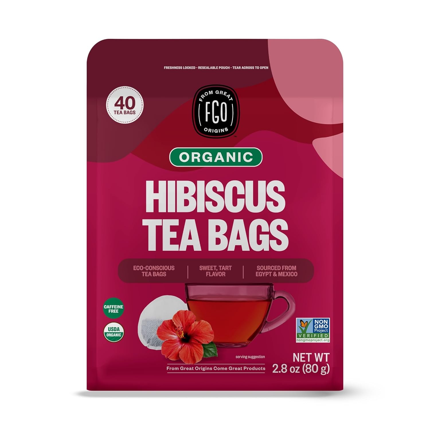 Organic Hibiscus Herbal Tea, 40 Count, Eco-Conscious Tea Bags, Caffeine Free