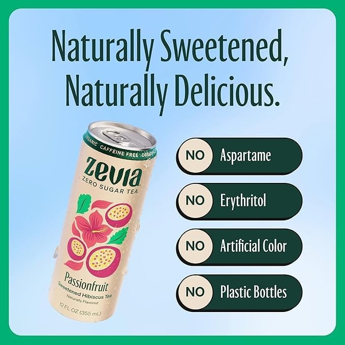 Zevia Zero Sugar Tea, Hibiscus Tea with Passionfruit Caffeine Free, 12 oz Can…