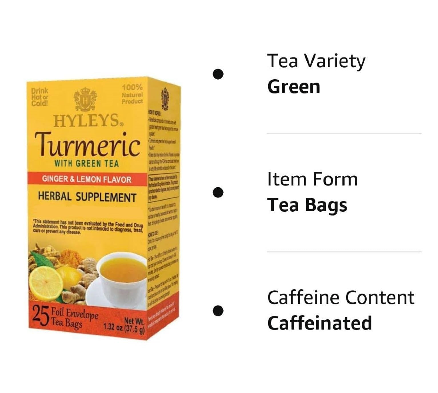 Hyleys Turmeric with Green Tea Ginger & Lemon Flavor 25 Bags