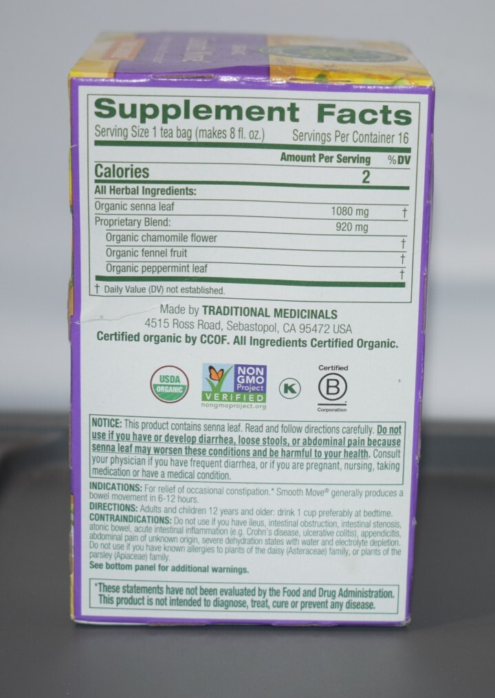 Organic Smooth Move Senna Chamomile Stimulant Laxative Caffeine-Free 16 TEA Bags