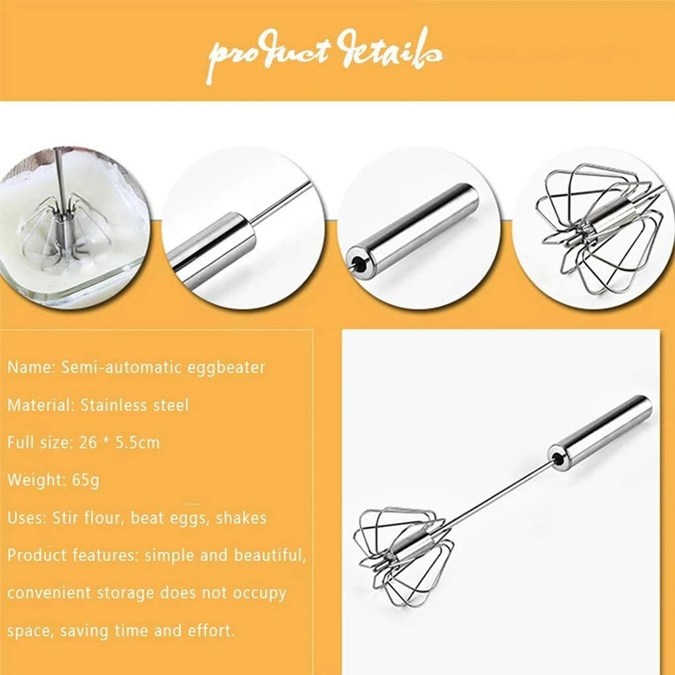 Stainless Steel Egg Whisk, Hand Push Rotary Whisk Blender, 12, Silver