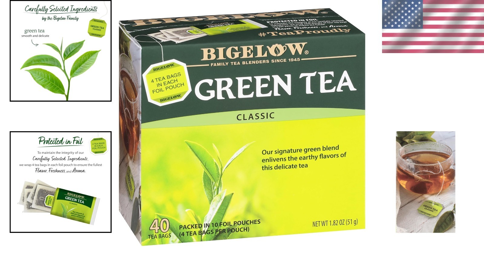 Bigelow Green Tea Bags – 6 Boxes, 40 Bags Each, Antioxidant