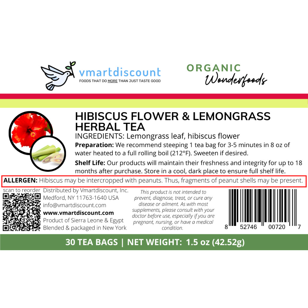 Hibiscus Flower Lemongrass Herbal Tea (30 Tea Bags), Premium All Natural Tea