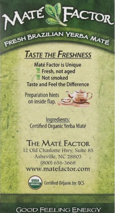 Mate Factor Fresh Green Organic Yerba Mate Energizing Herb Tea – 24 Tea Bags