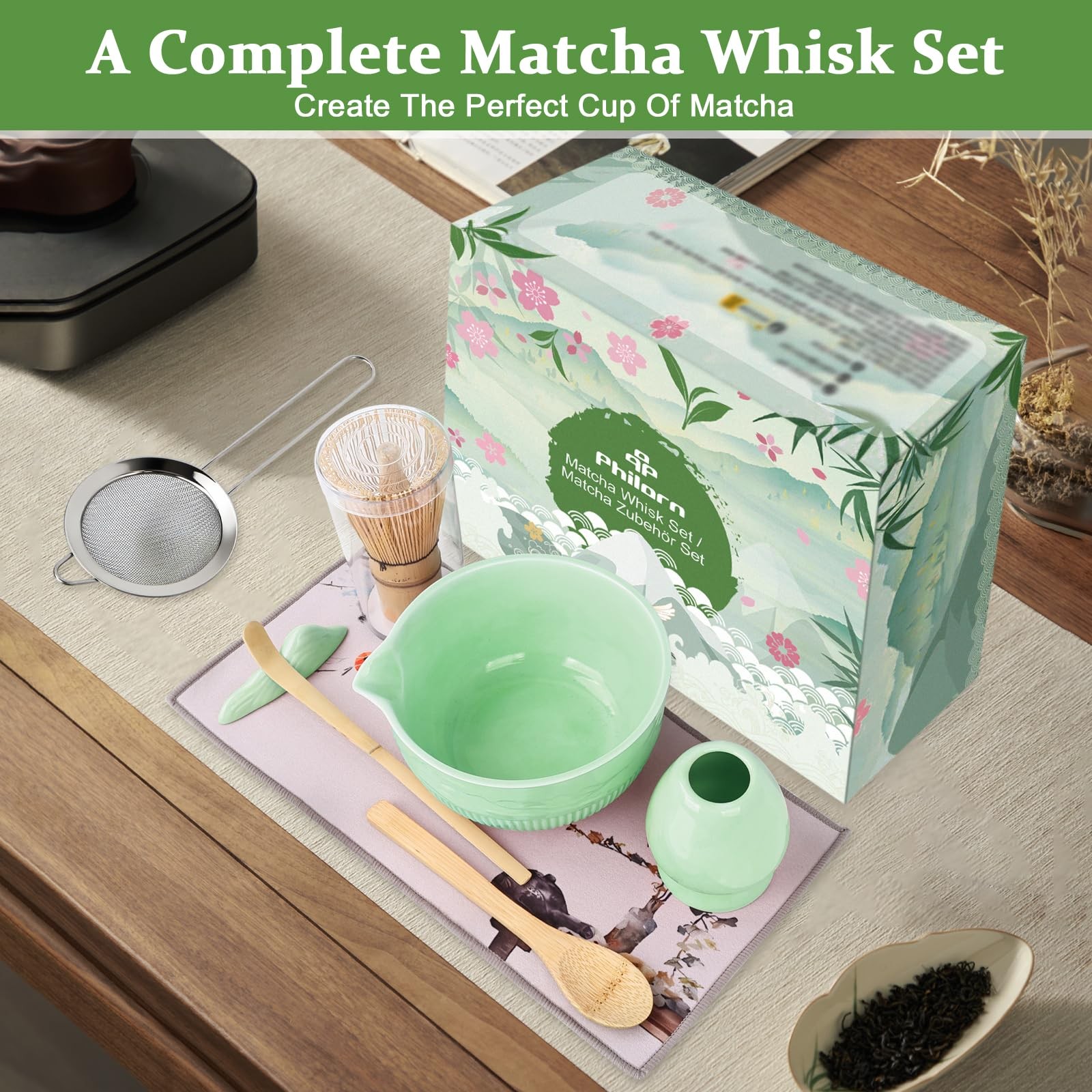 Matcha Whisk Set, 9Pcs Ceramic Macha Kit, Matcha Set Whisk and Bowl with Spou…