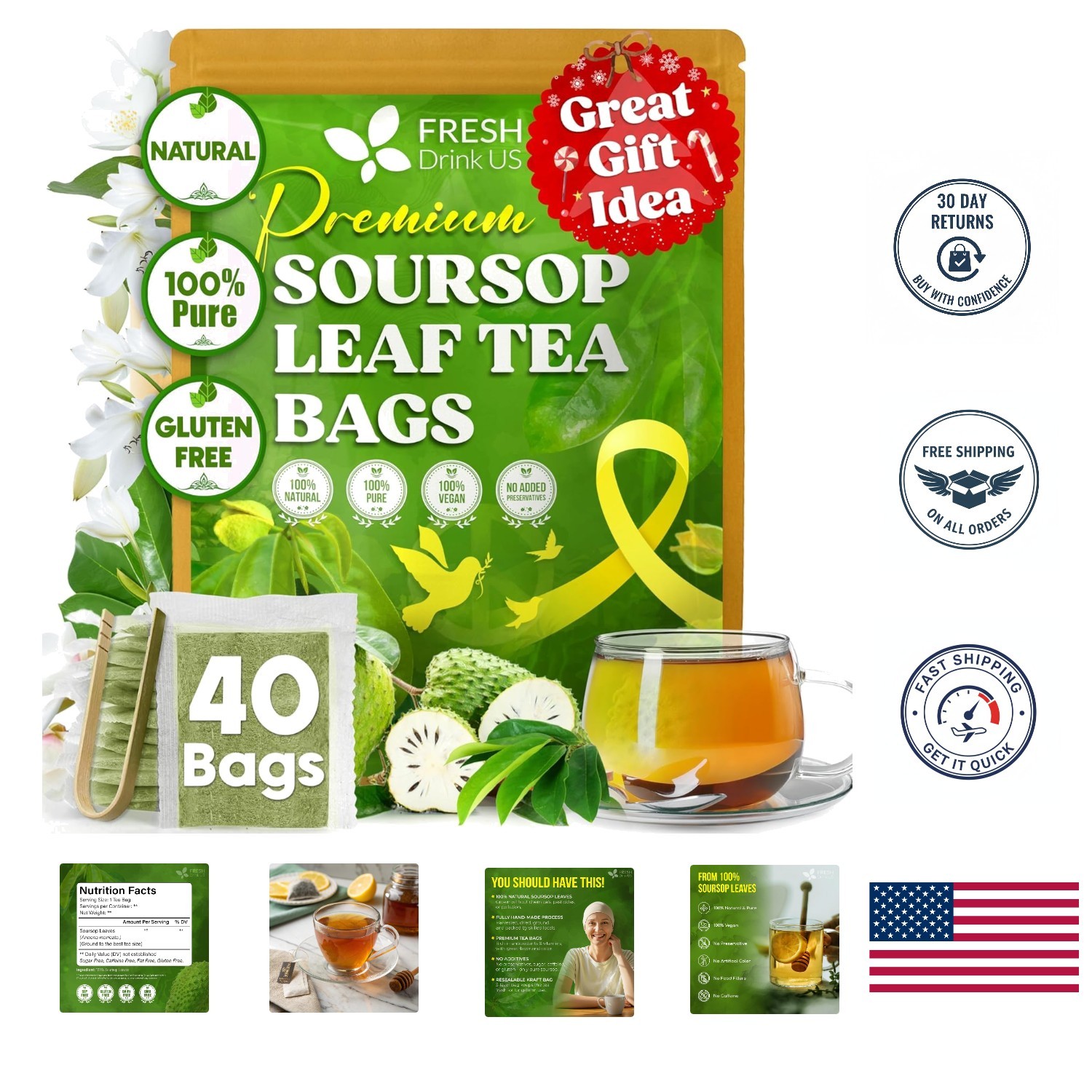Soursop Herbal Tea Bags – Relaxing 40 Count for Immune and Digestive Support