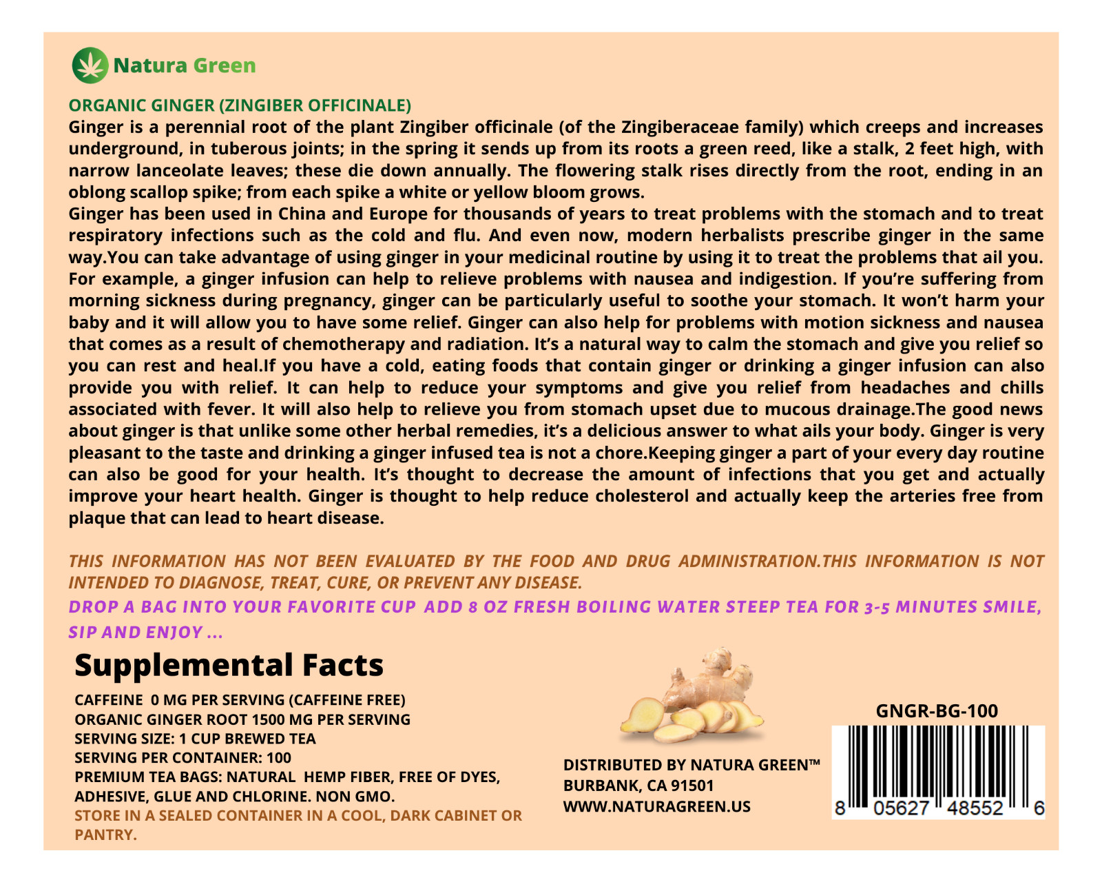 Organic Ginger Tea Bags – Organic Natural Pure Ginger Tea (10, 25, 50 & 100 Pack