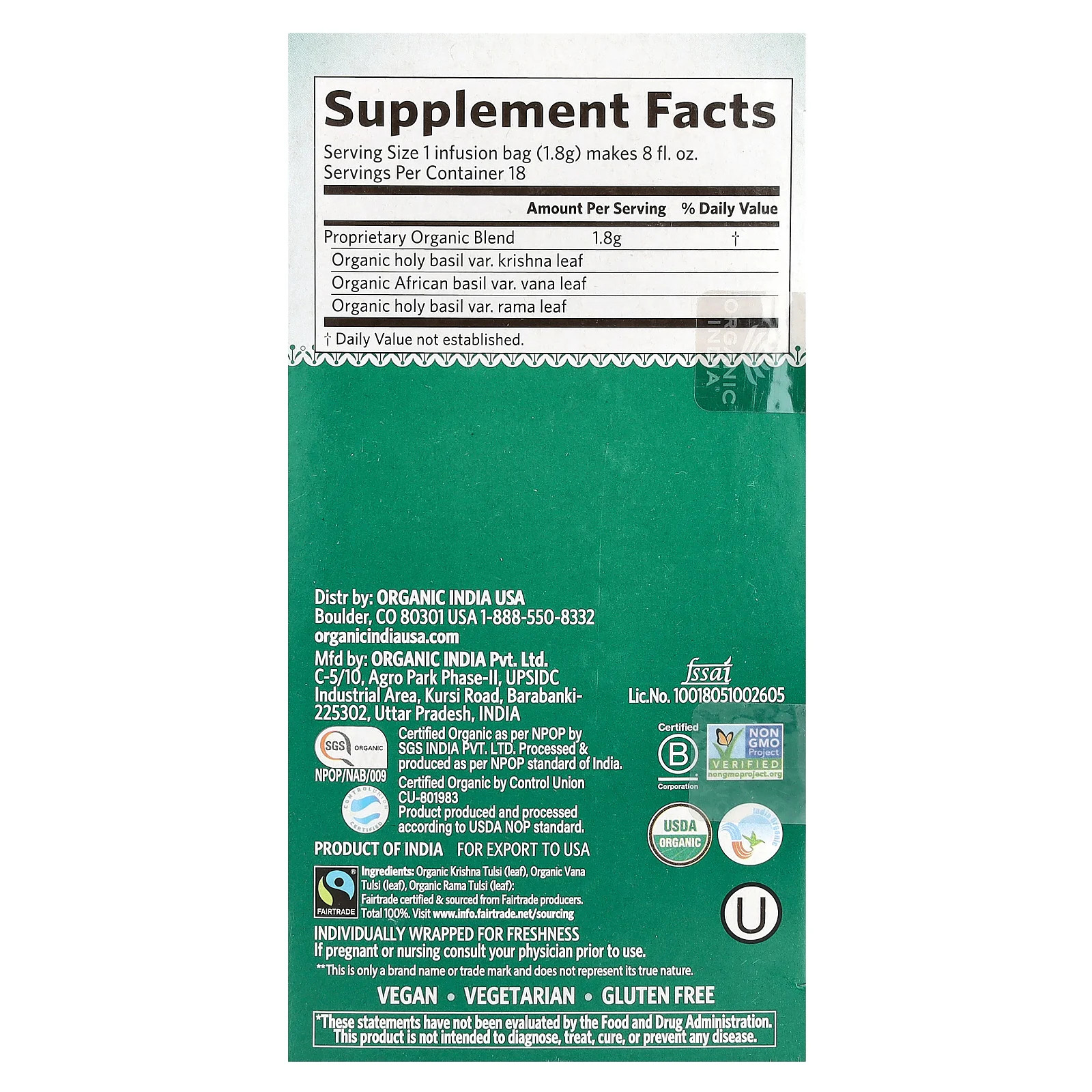 Tulsi Tea, Original, Caffeine-Free, 18 Infusion Bags, 1.14 oz (32.4 g)