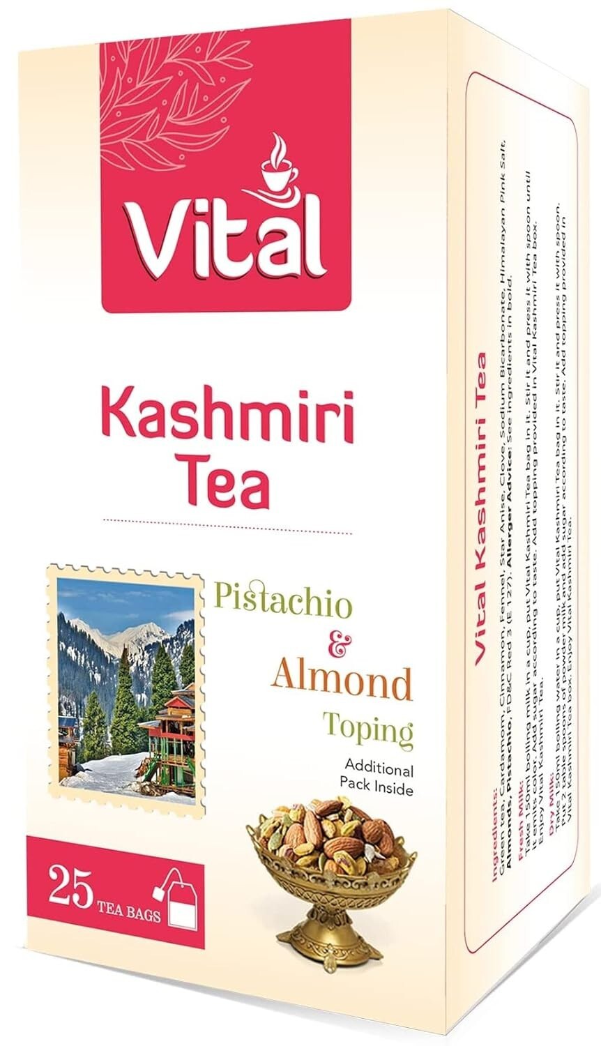 Kashmiri Tea Bags Vital with Pistachio & Almond Toping Pack Inside (25 Tea Bags)