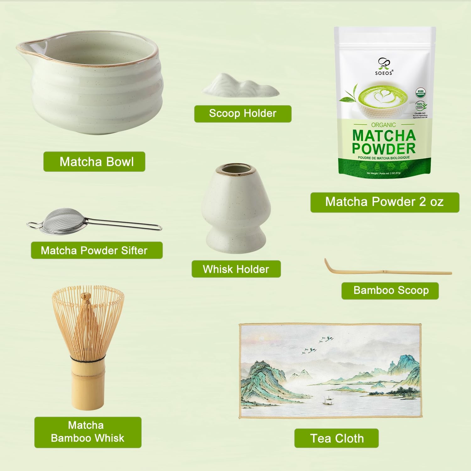 Soeos Matcha Powder, 2oz with 7-Piece 2 Ounce and 7 Piece Set, Multicolor