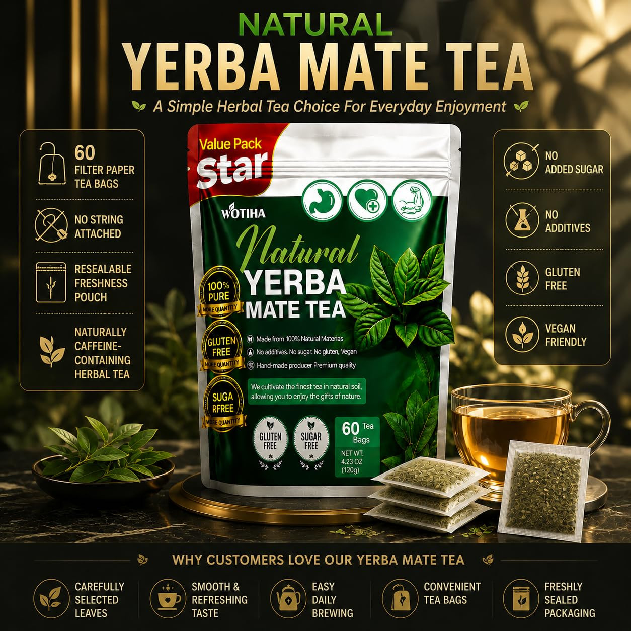 60 Count Premium Unsmoked Yerba Mate Tea Bags – Sourced from Argentina, 100% Pur