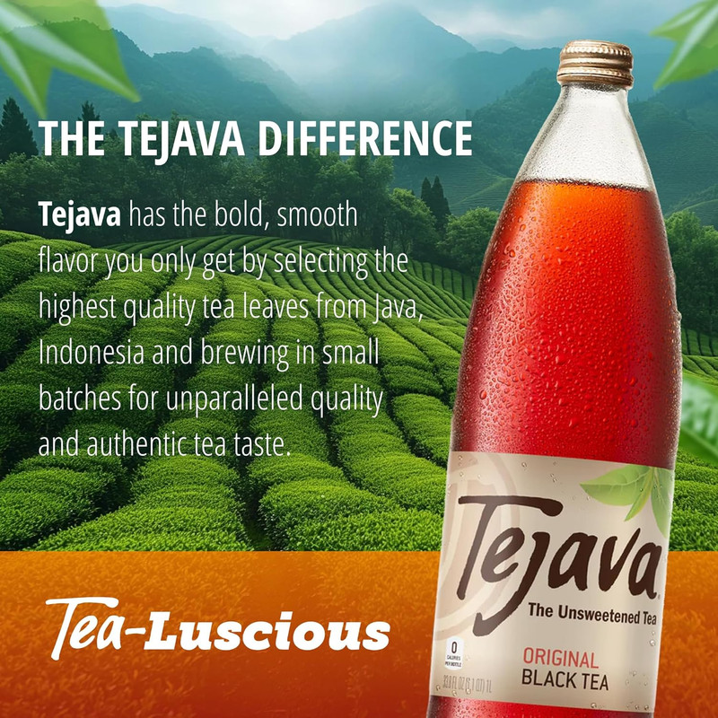 Tejava Black Iced Tea, Original Unsweetened, 12 Pack, 1L Glass Bottles, No Sugar