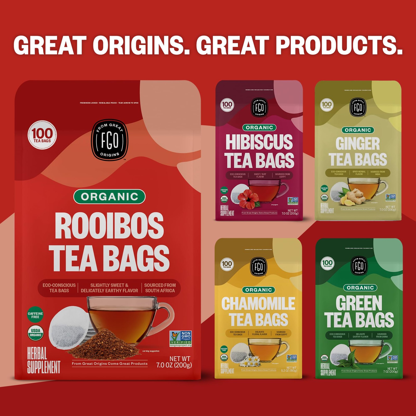 FGO Organic Rooibos Tea, 100 Count, Eco-Conscious Tea Bags, Caffeine Free, Pa…