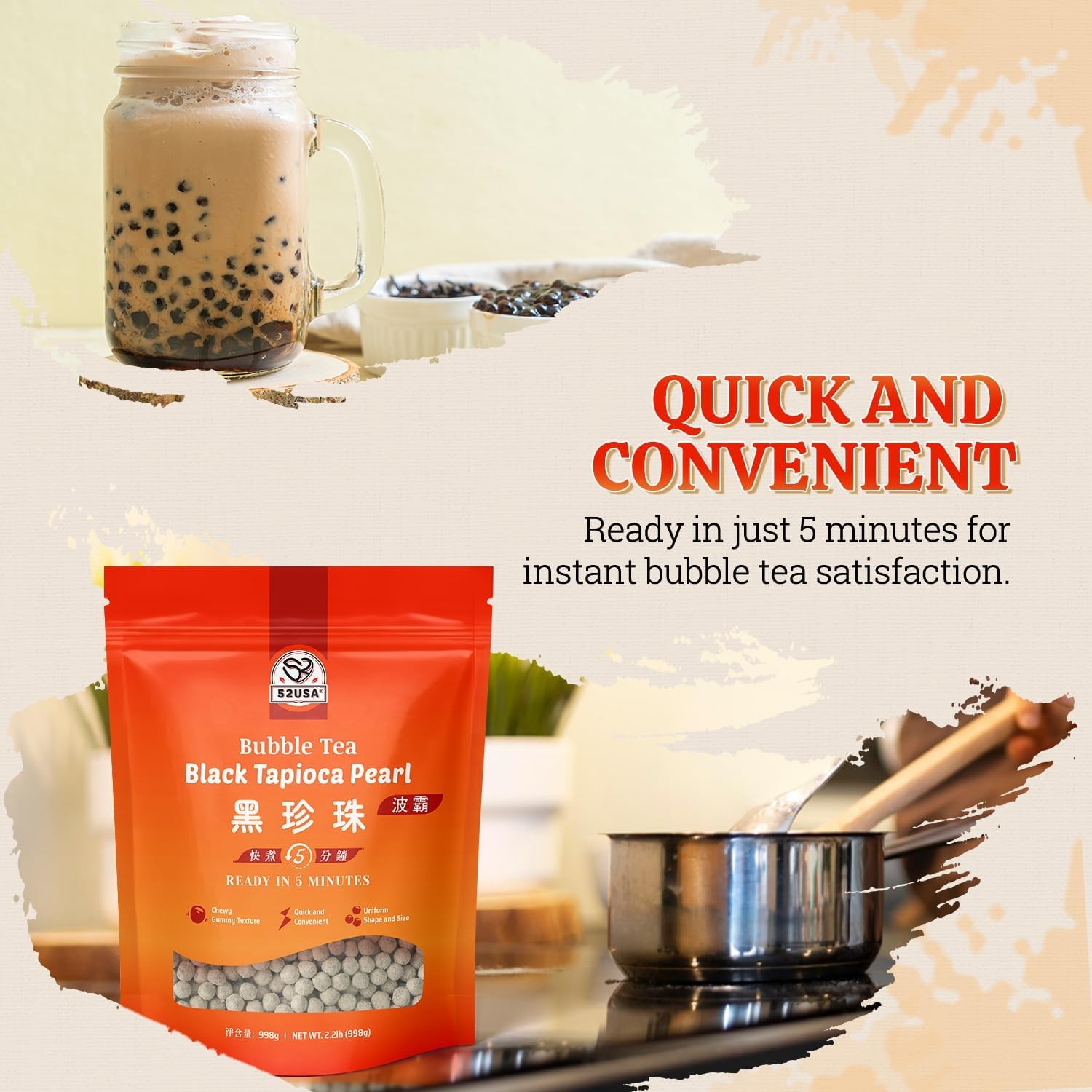 52USA Boba Tapioca Pearls 2.2LB, Fresh Bubble Tea Pearl, Quick Cook Black Ple…