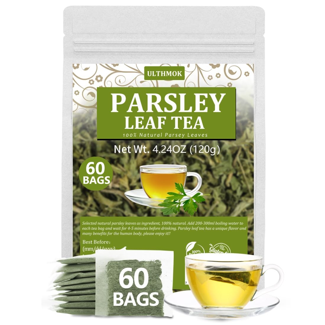 Premium 60 Parsley Tea Bags, Made with 100% Natural Parsley Leaves, Caffeine F