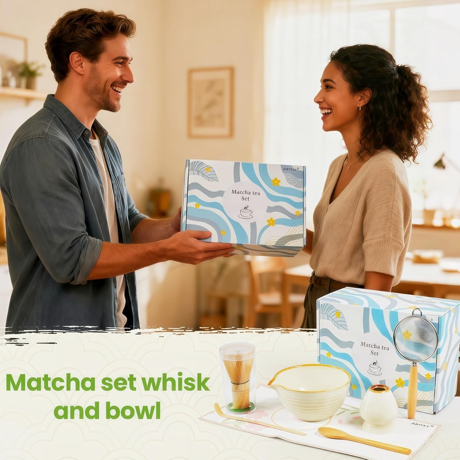 Matcha Whisk Set 7 Pcs, Japanese Making Kit with Ceramic yellow