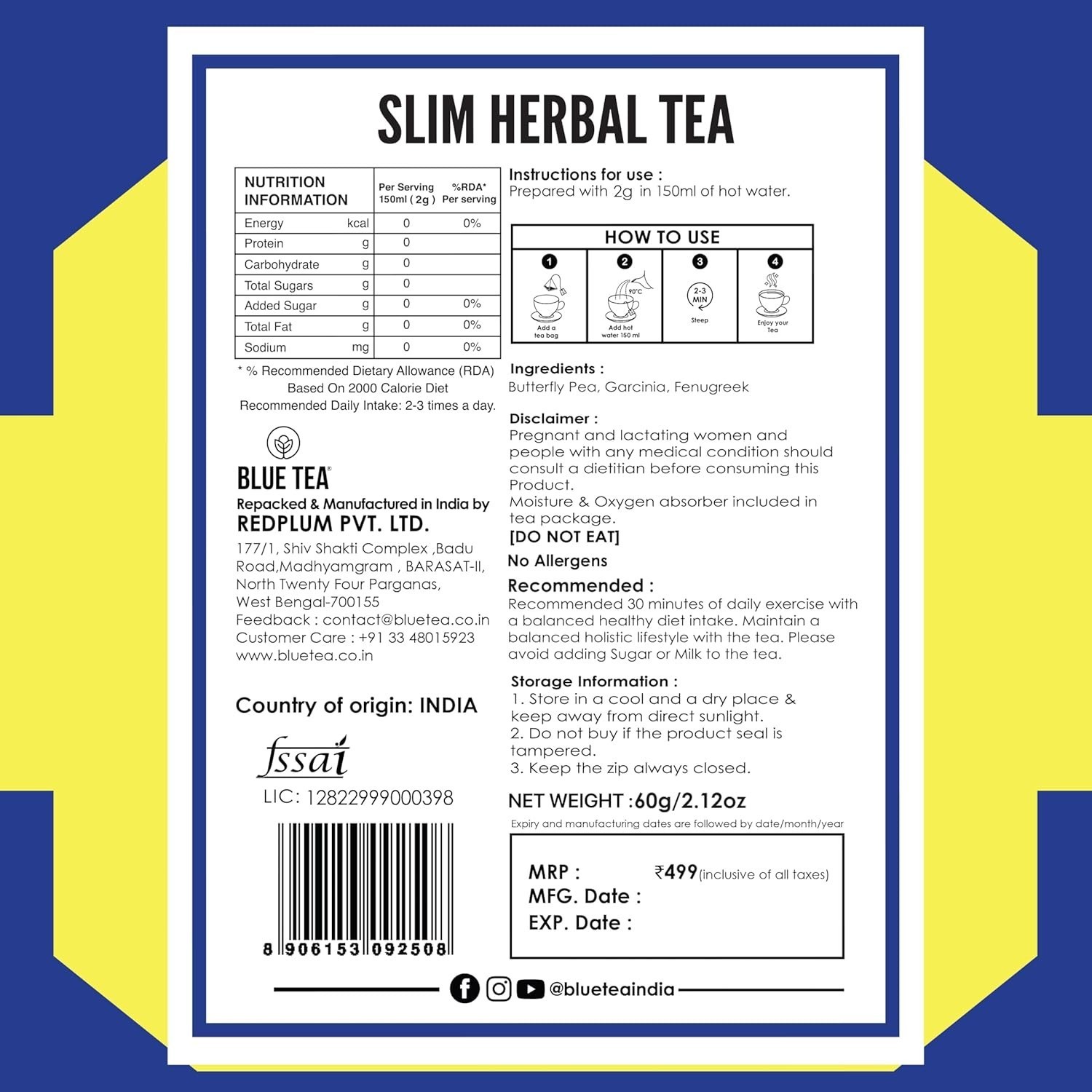 BLUE TEA Slimming Tea 30 Tea Bag Plant Based Get Slimmer Tummy Weight Management