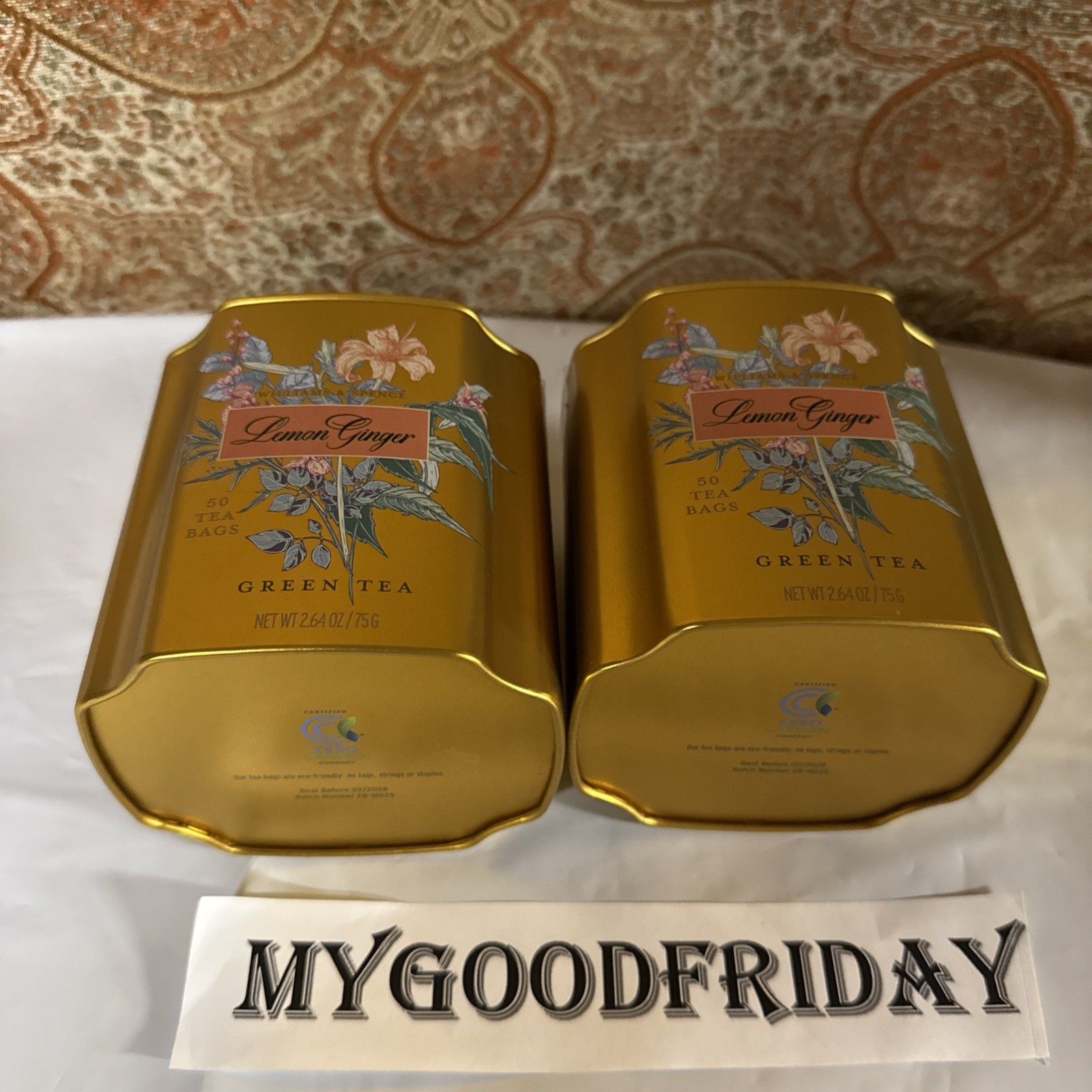 WILLIAMS & SPENCE LEMON GINGER GREEN TEA 50BAGS IN BEAUTIFUL FLORAL TIN