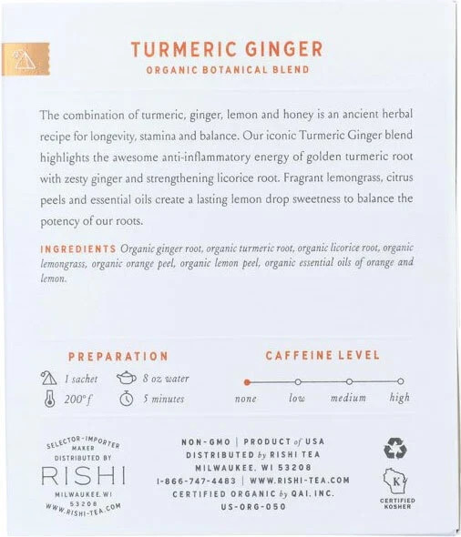 Rishi Tea Turmeric Ginger Tea – 15 sachets (Pack of 2) EXP DATE FEB 2027