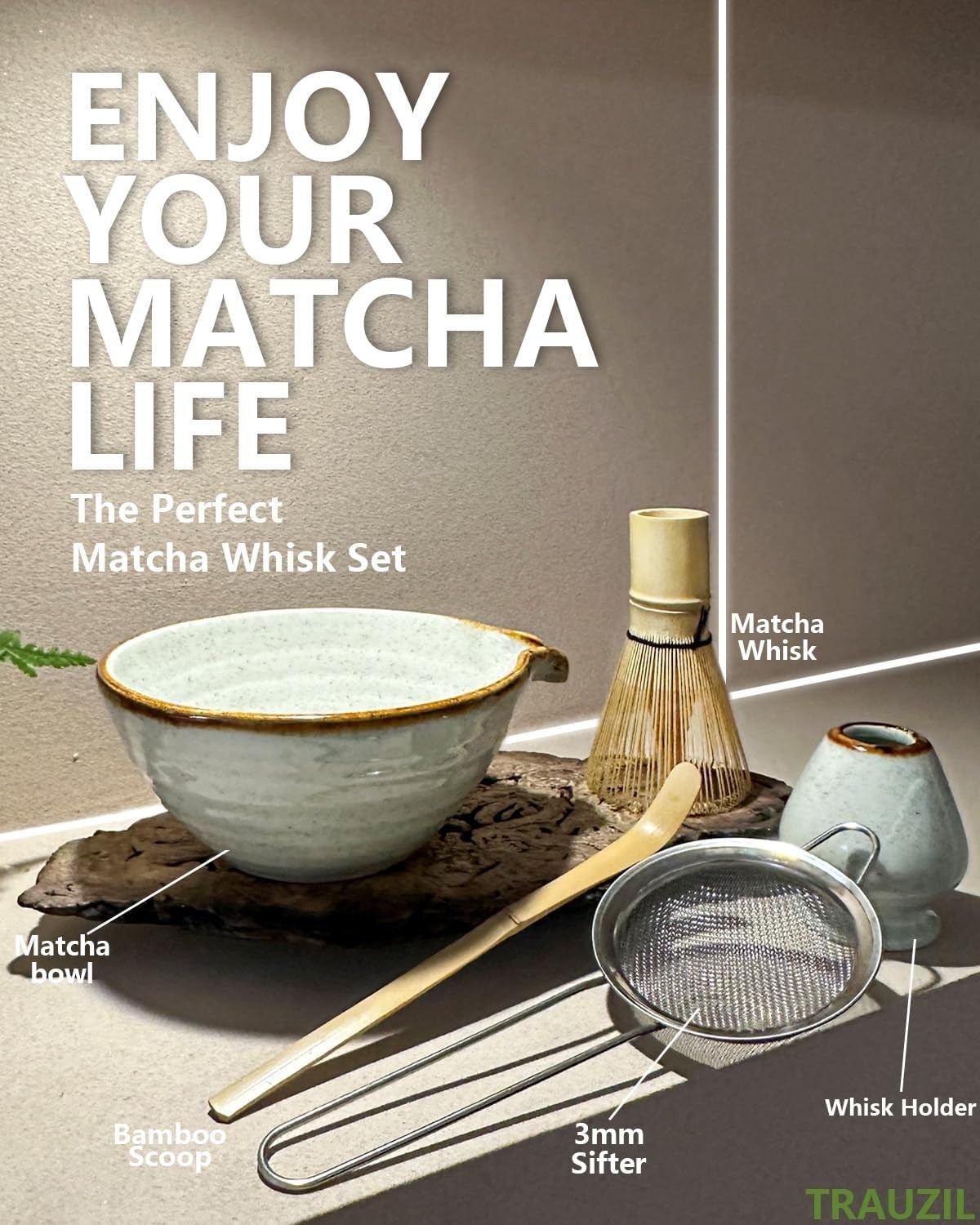 Matcha Whisk Set with Bowl, Bamboo Whisk, Scoop, Sifter, Matcha Whisk Holder