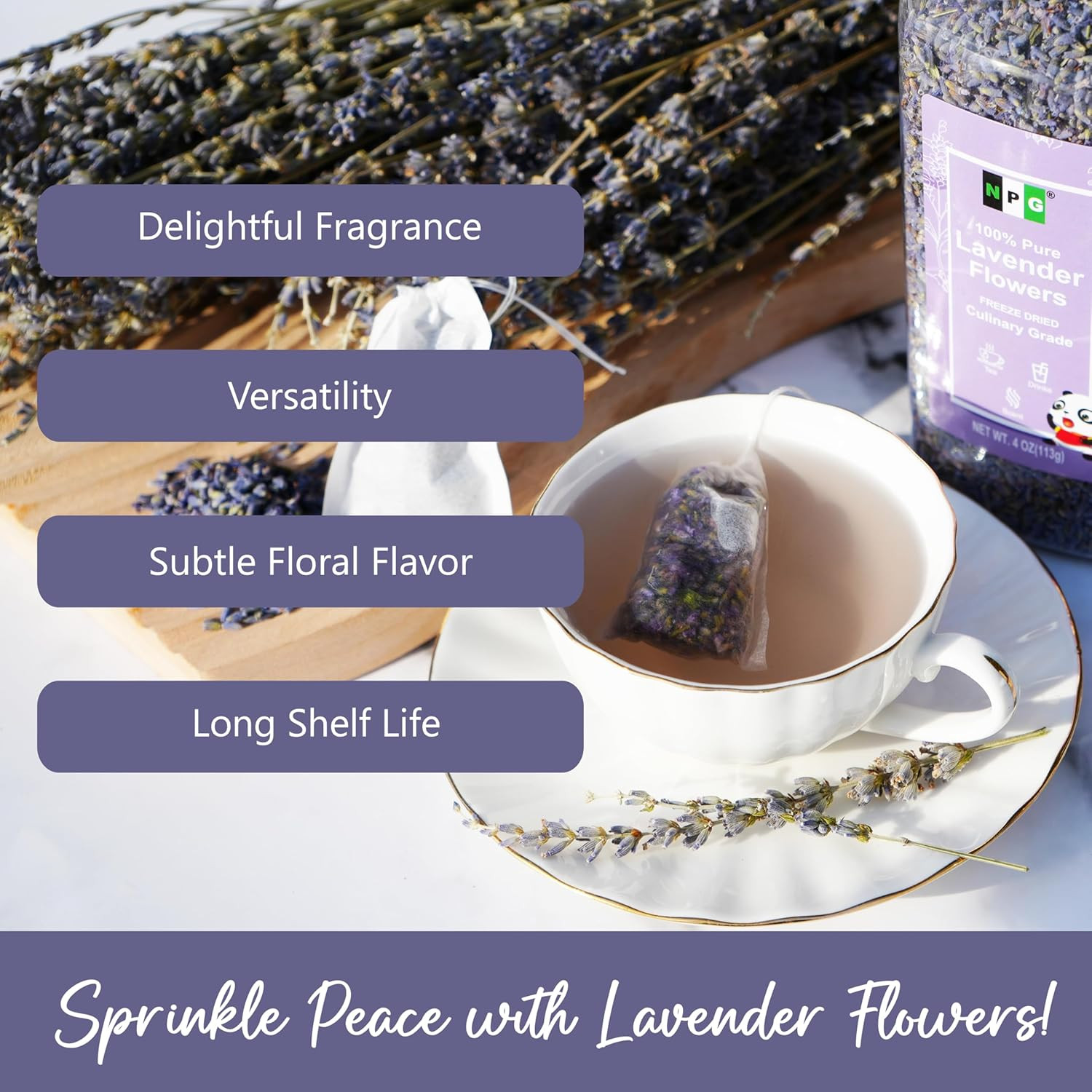 NPG Freeze Dried Lavender Flowers 4 Oz, Culinary Grade Lavender Buds for Tea, Ba