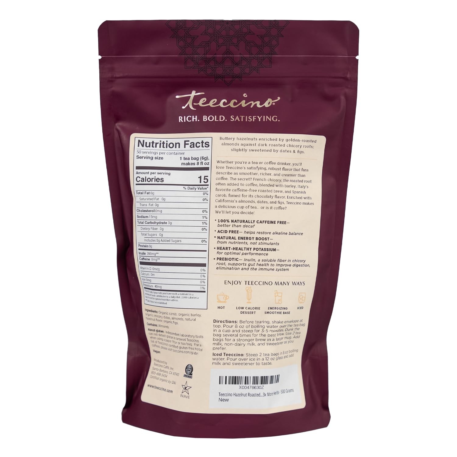 Hazelnut Roasted Tea – Caffeine , Prebiotic, 3x More Herbs – 50 Tagless Eco-F…