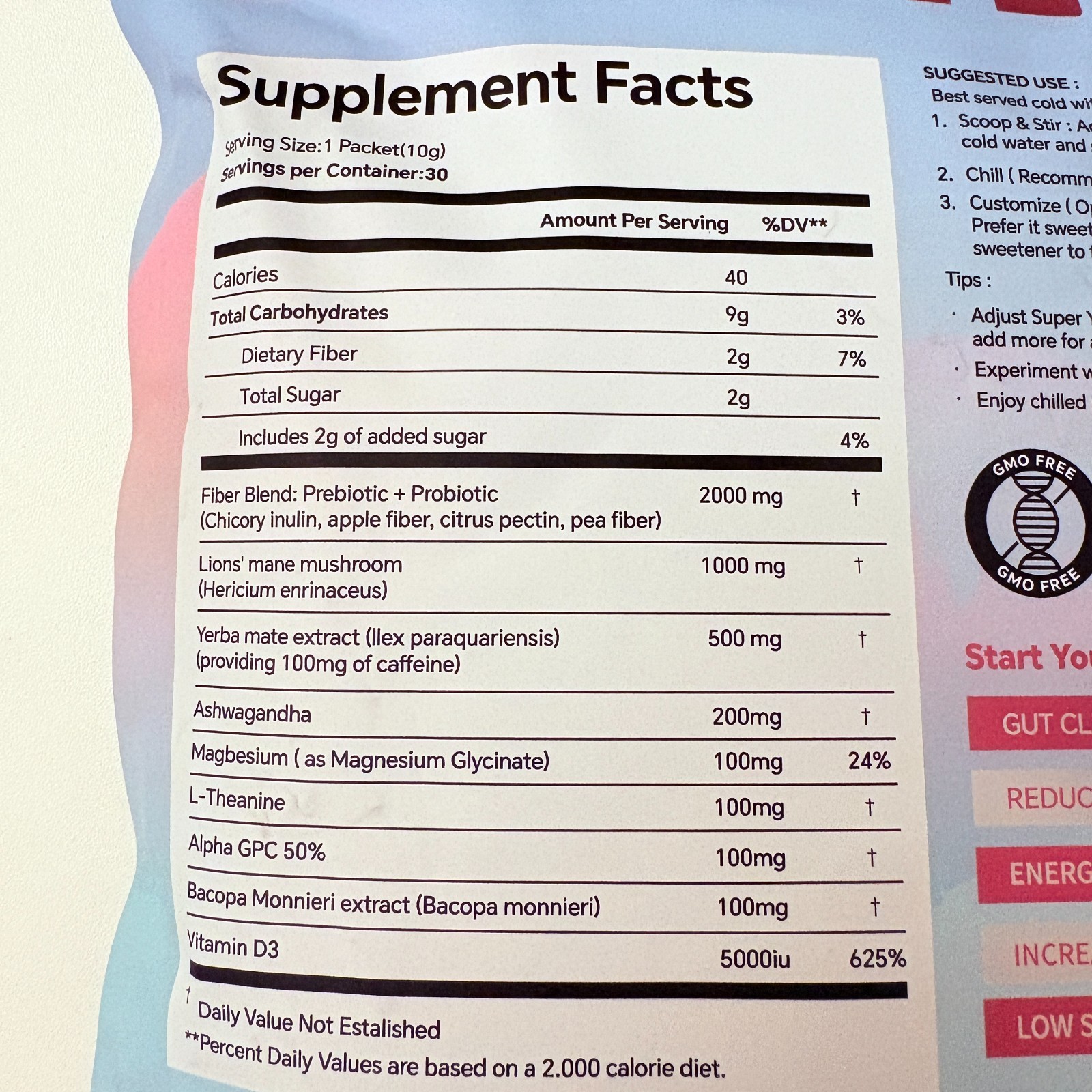 Super Yerba Mate Raspberry Lemonade Powder 30 Packets Ashwaganda D3 Magnesium