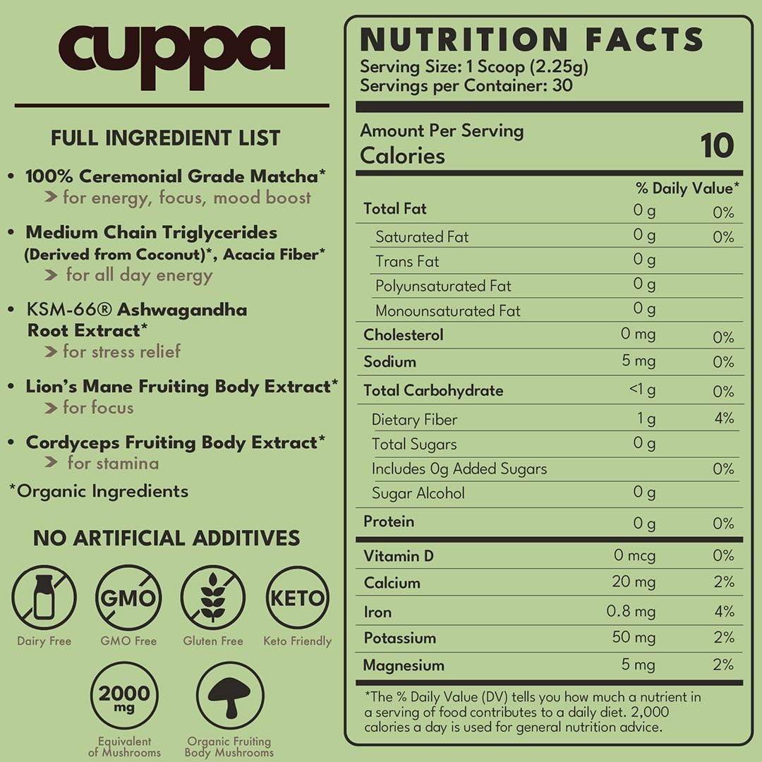 Cuppa Matcha w/ Lion’s Mane, Cordyceps & Adaptogens Energy Mix, 30 Servings