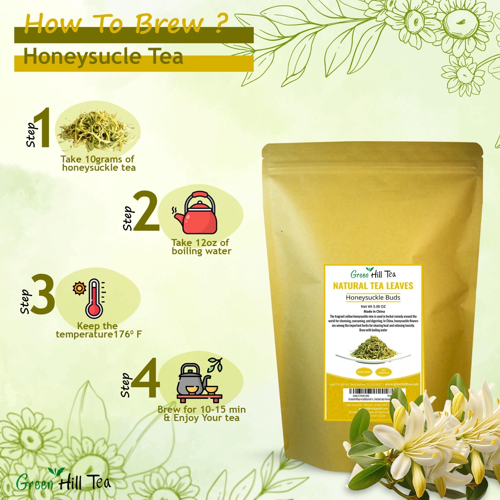 Traditional health herbs, Honey suckle dried herbal tea honeysuckle tea 5 oz