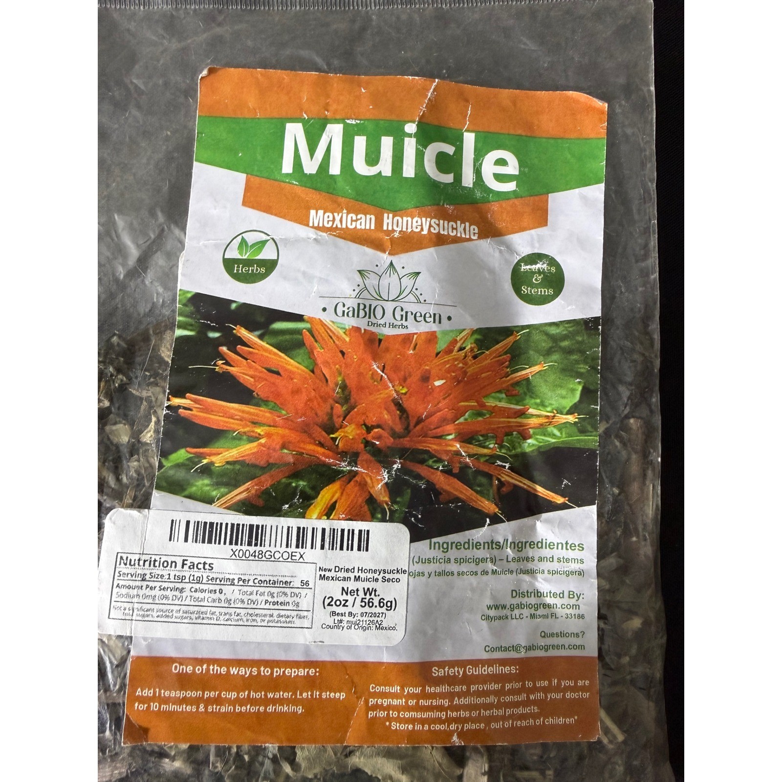 GaBIO Green Muicle Mexican Honeysuckle 2oz Dried Herbs New Justicia Spicigera