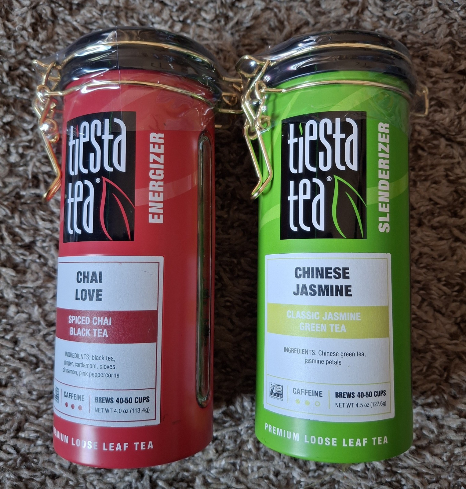 2pc Chai Love Spiced Black Tea & Chinese Jasmine Green Tea Caffeine 40-50 Cups
