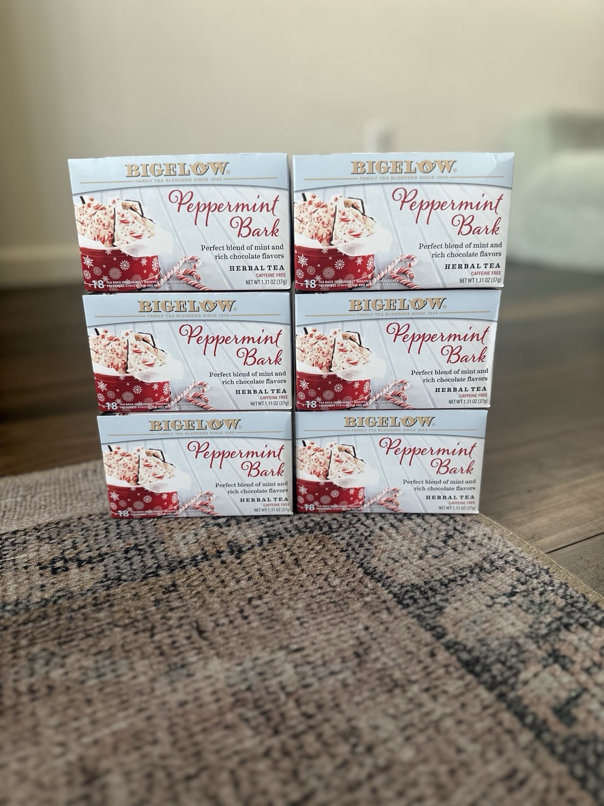 Bigelow Peppermint Bark Herbal Tea Bags, 18 Count Box, Caffeine Free (6 Boxes)