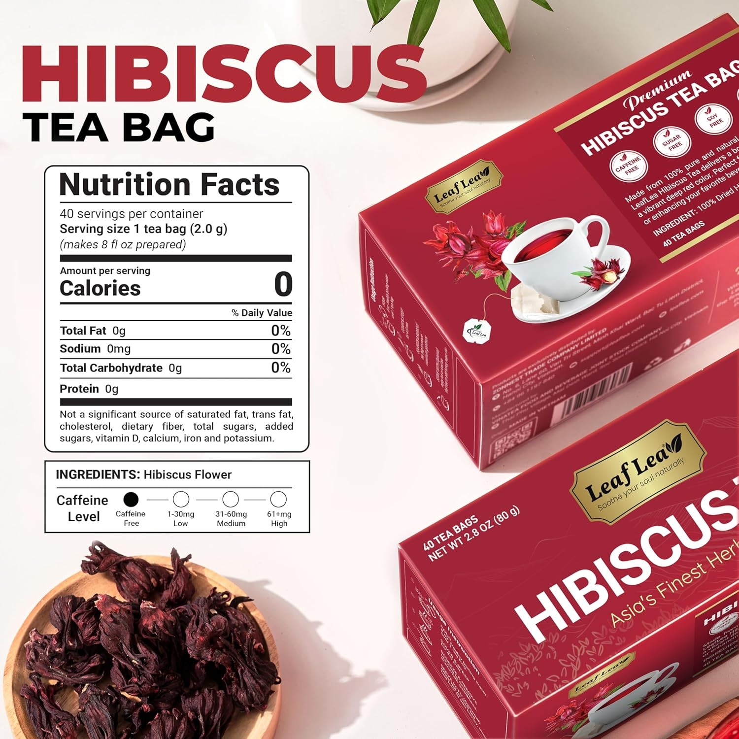 40 Premium Natural Hibiscus Tea Bags, 100% Pure from Hibiscus Flowers, Caffeine-