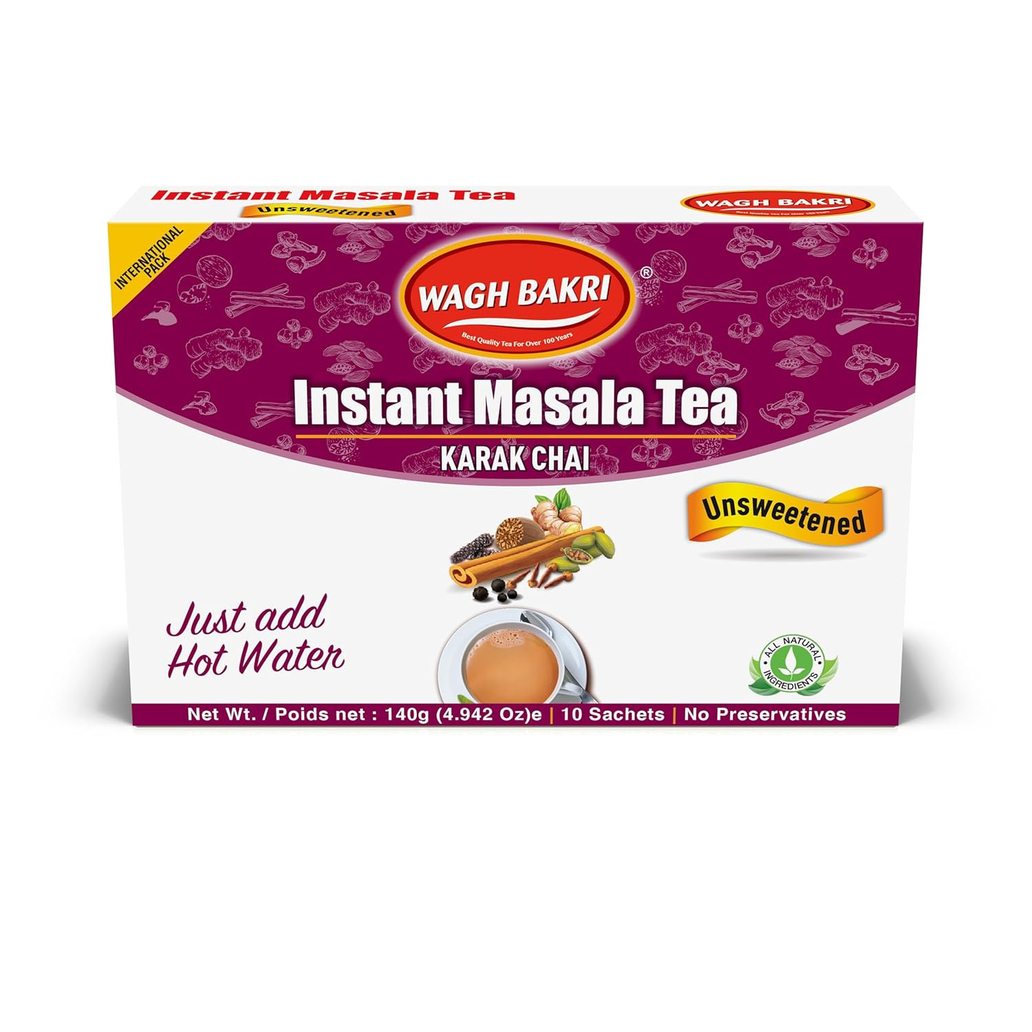 Wagh Bakri Instant Masala Tea, Unsweetened No Sugar Added, Karak Chai – 140Grams