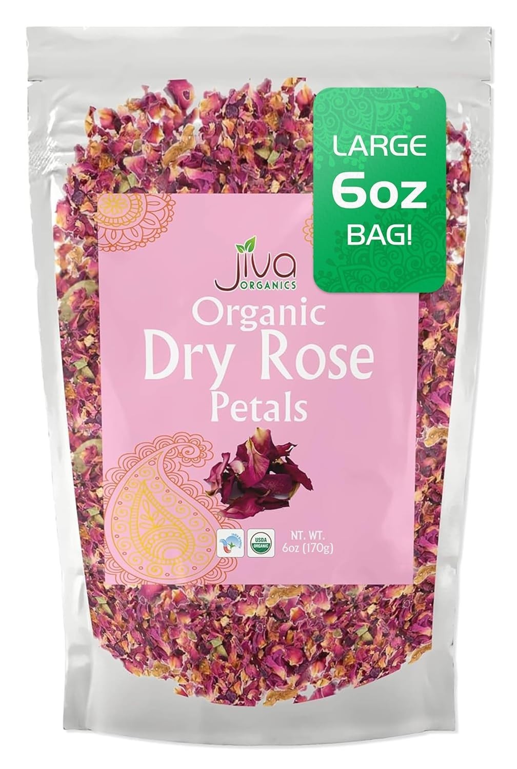Jiva USDA Organic Dried Red Rose Petals 6 Oz 170g Large Bag – Food Grade, Edi…