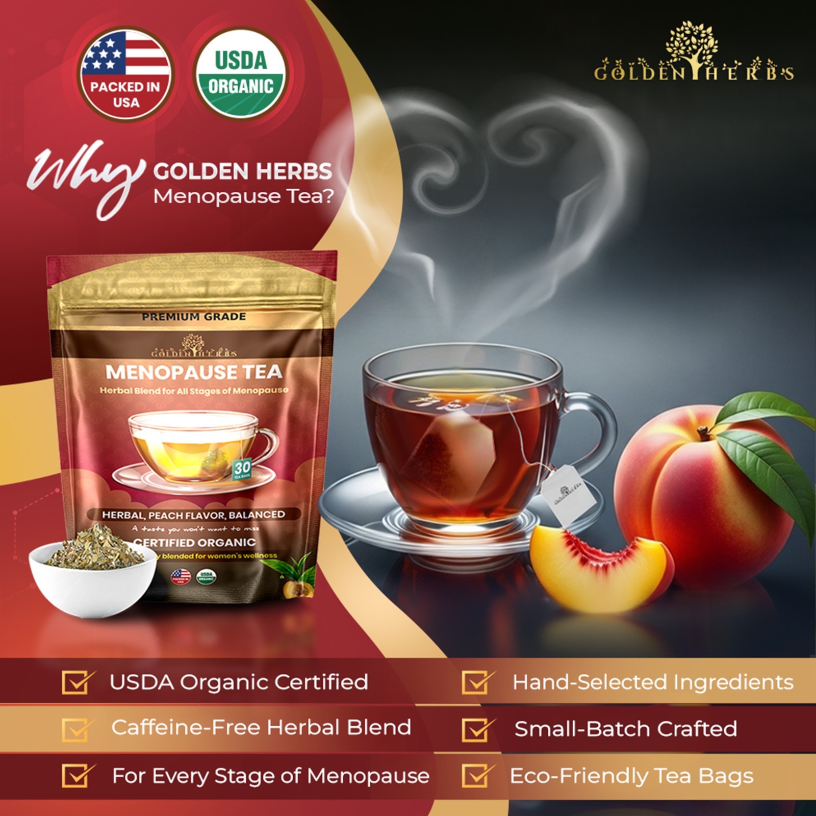 Golden Herbs Menopause Wellness Tea 30 Caffeine-Free Tea Bags Soothing Blend