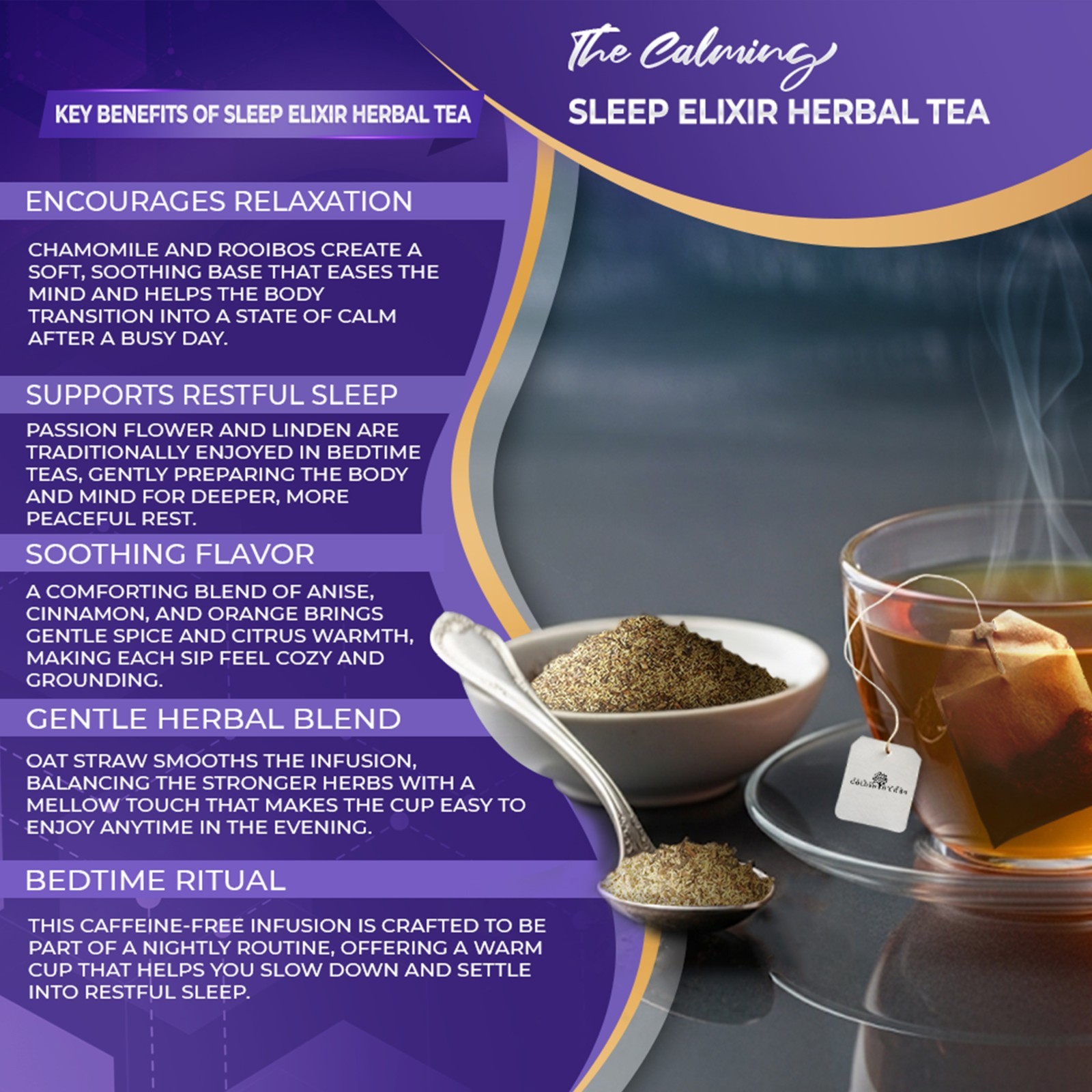 Golden Herbs Sleep Elixir Herbal Tea Relaxing Bedtime Blend with Chamomile