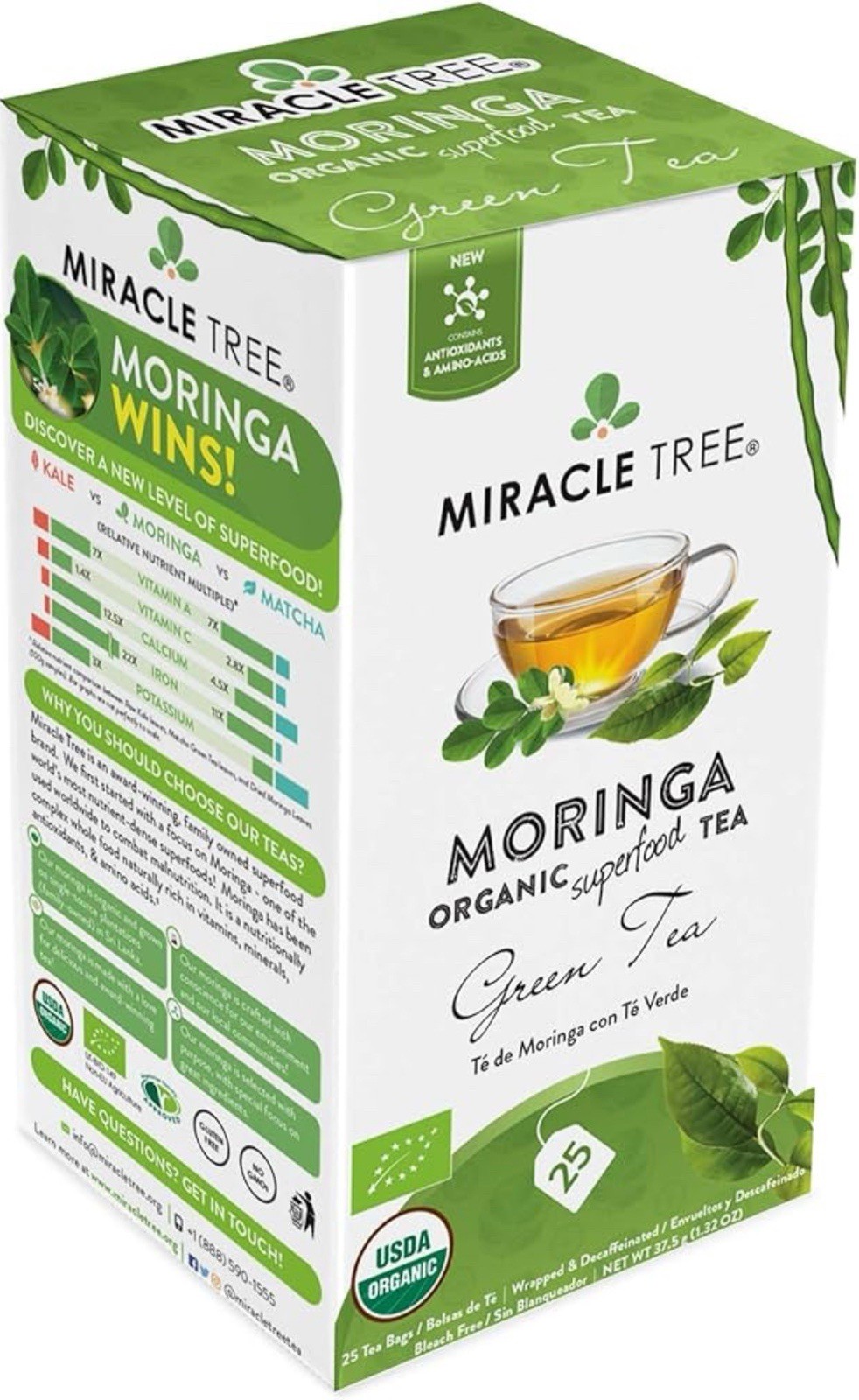 Moringa Tea Organic Miracle Tree Green Tea Total 50 Tea Bags USDA Organic 2 BOX