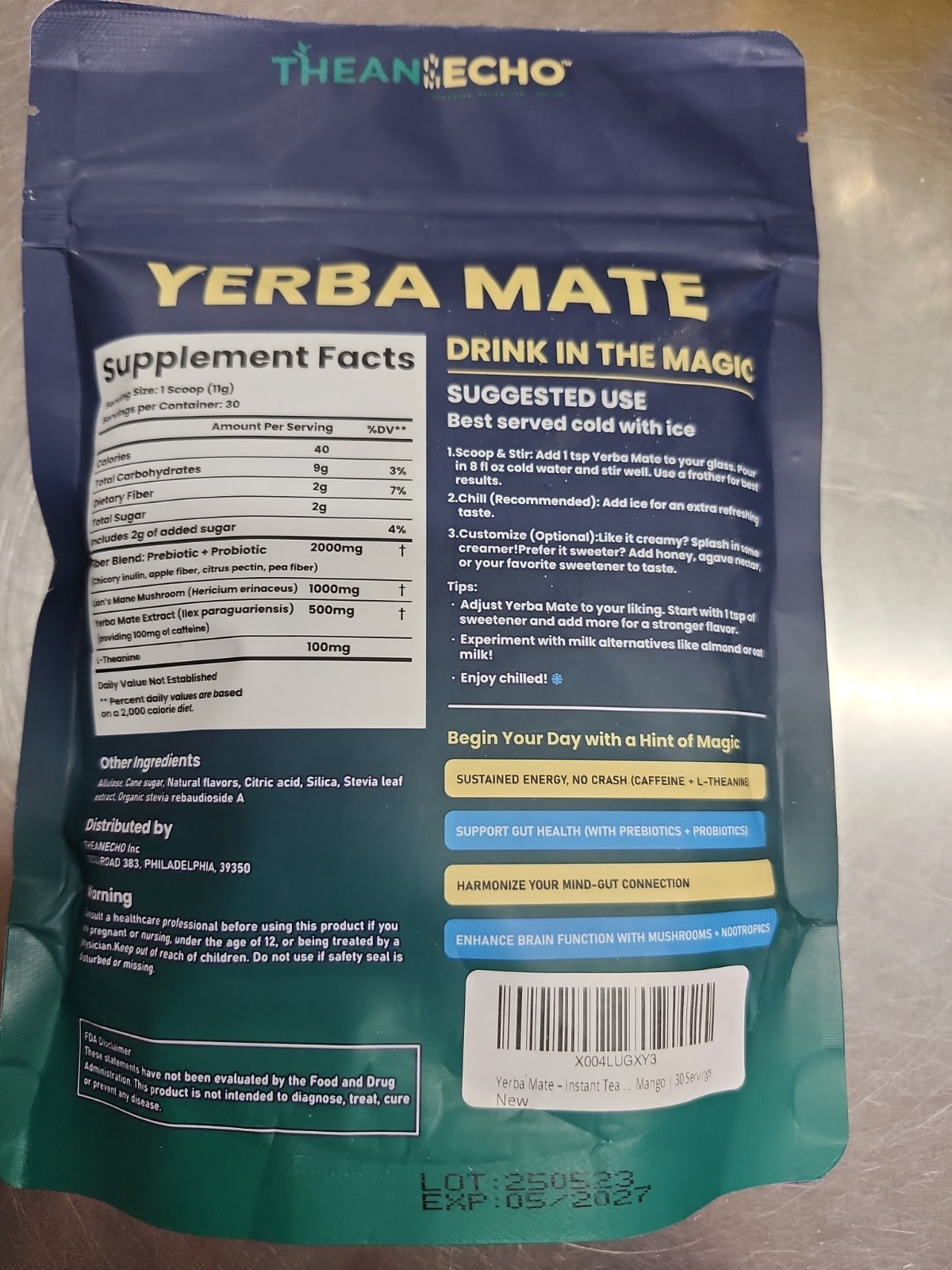Yerba Mate Peach Mango Instant Tea 11.64oz. 30 servings – exp. 05/2027