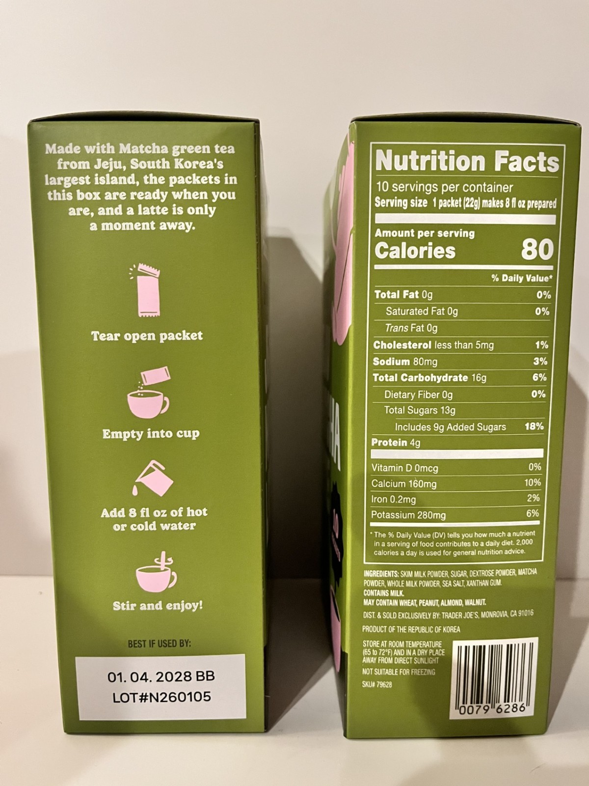 2 Packs Trader Joe’s Instant Jeju Matcha Latte Packets 7.76 oz Each, total 20