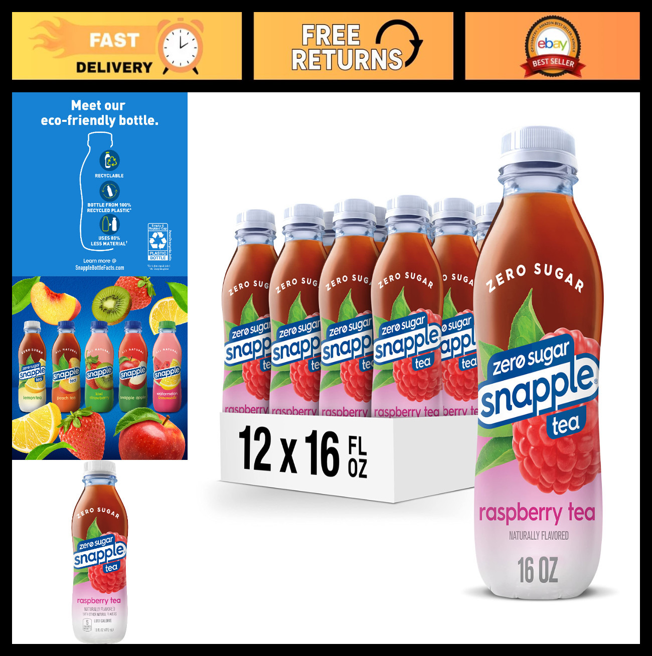 Zero Sugar Raspberry Tea – 16 fl oz Bottles, Pack of 12, Refreshing & Guilt-Free