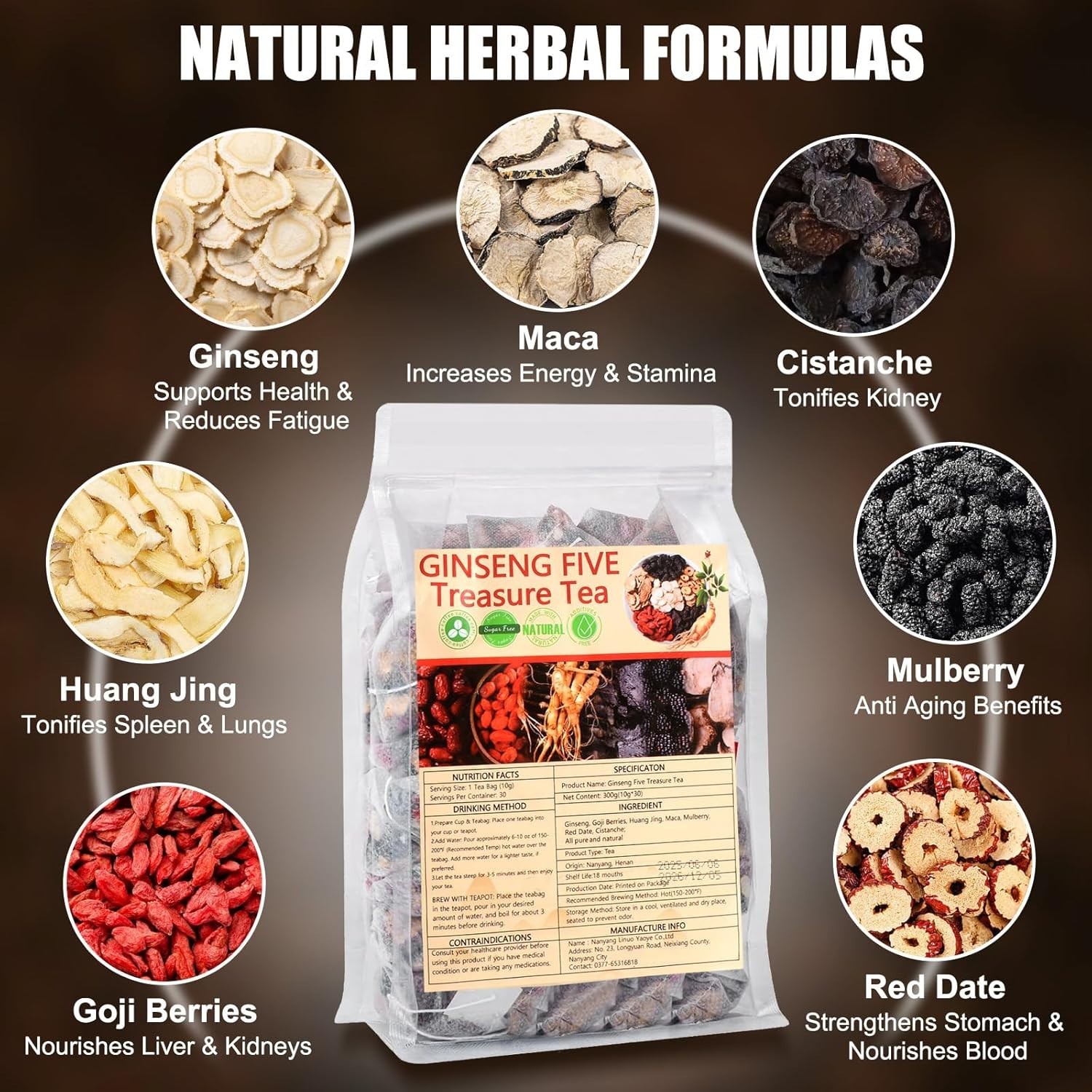 Ginseng Six Treasure Tea 30 Bags Kidney Cleanse Detox Herbal Support Maca Goji