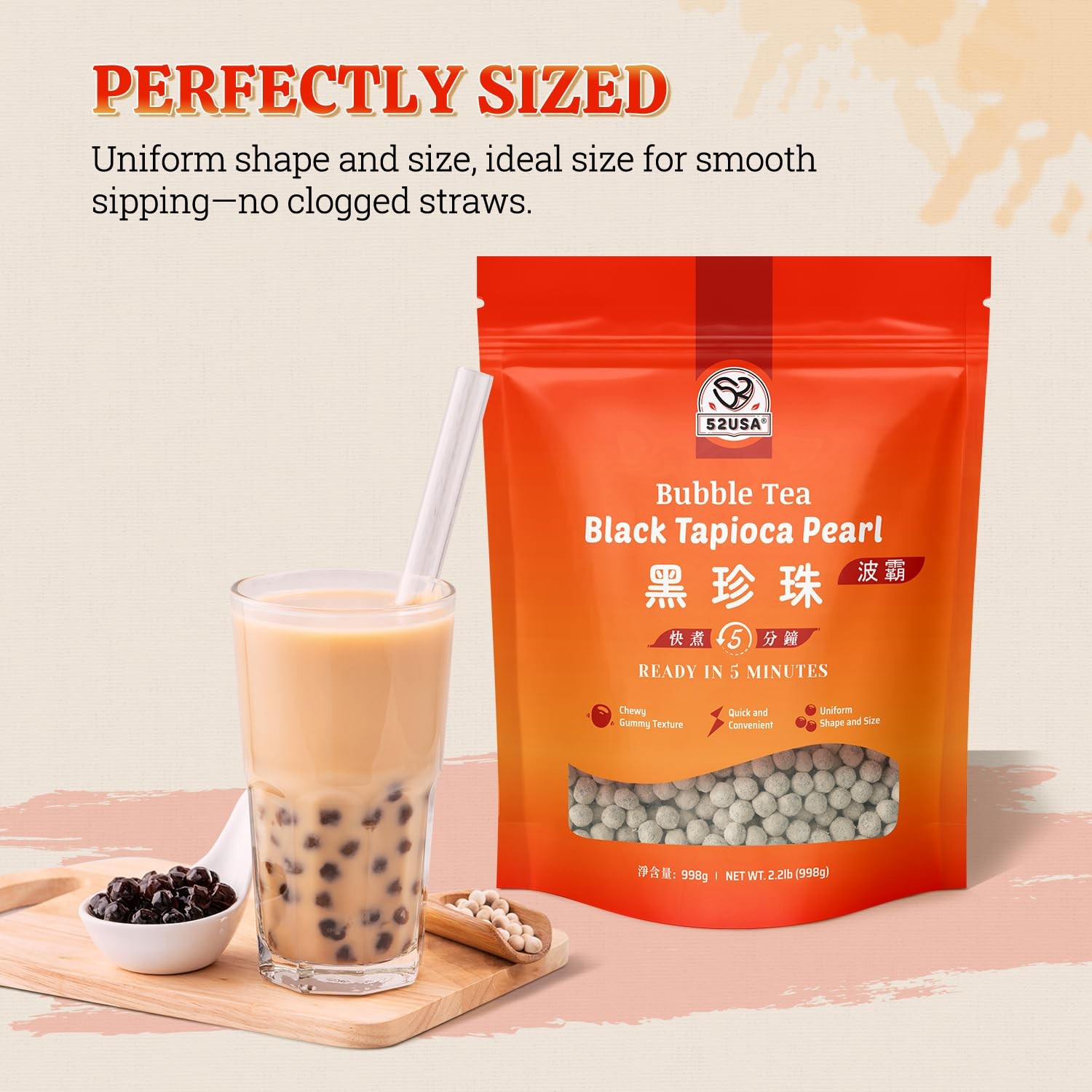52USA Boba Tapioca Pearls 2.2LB, Fresh Bubble Tea Pearl, Quick Cook Black Ple…