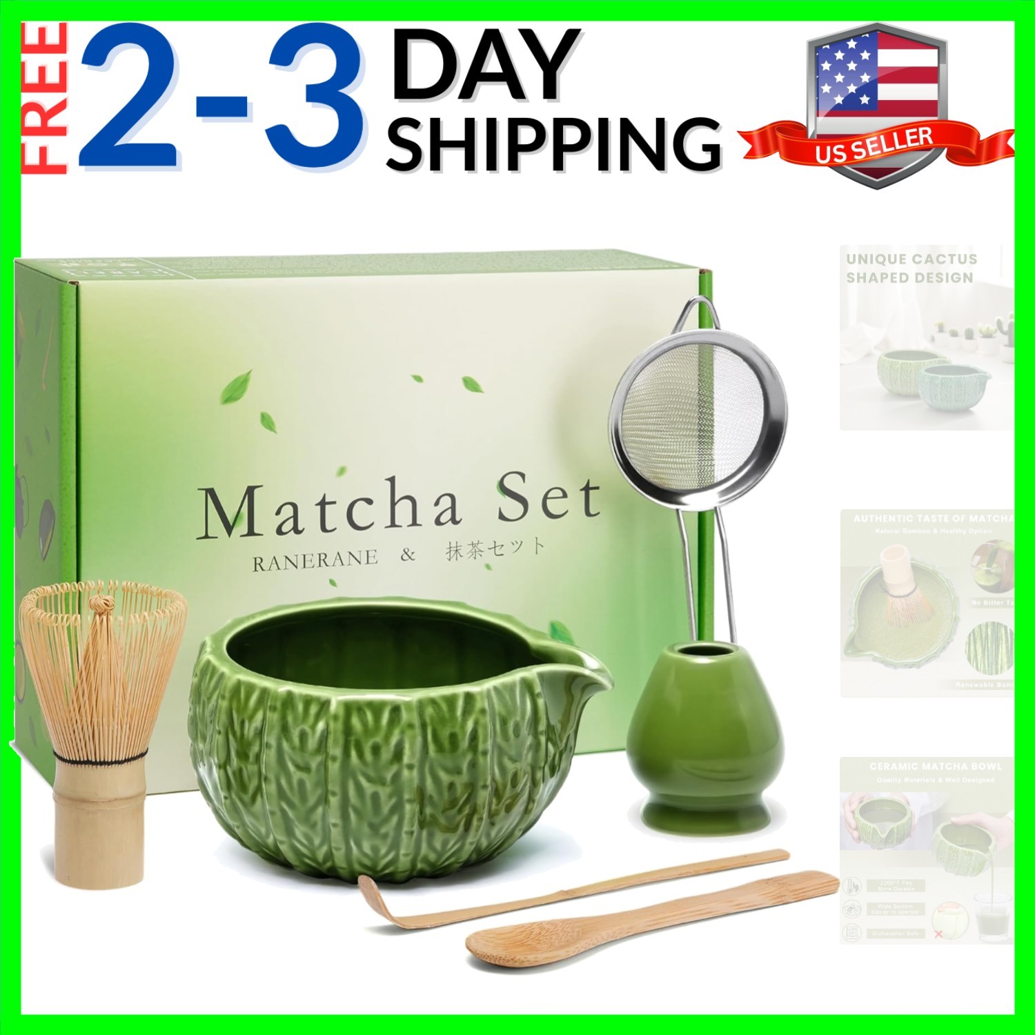 Matcha Whisk Set, Cactus Ceramic Matcha Set Includes Matcha Bowl, Matcha Whis…