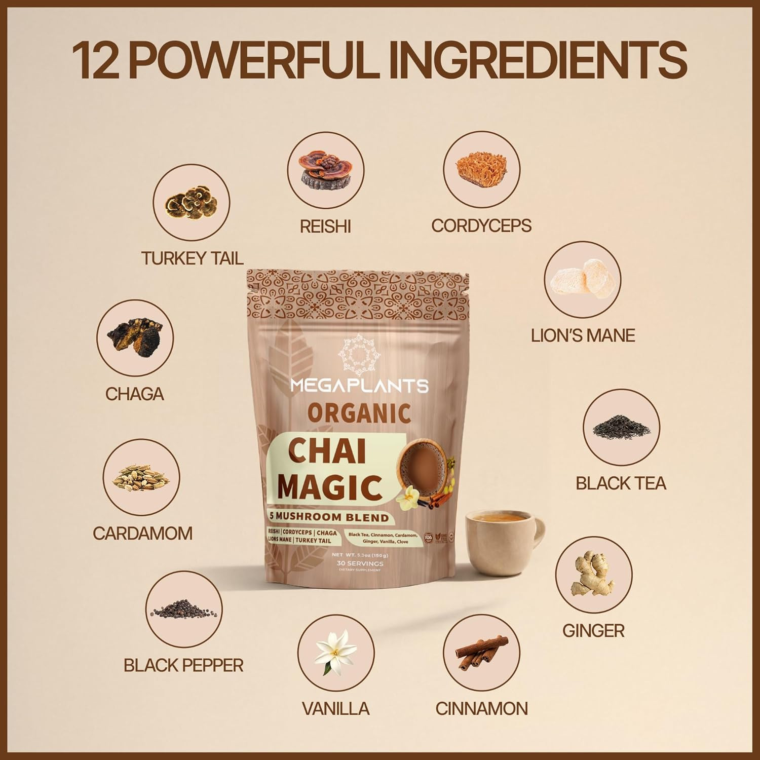 Adaptogenic Mushroom Chai Tea (30 Servings) | No Crash Energy & Focus Blend with