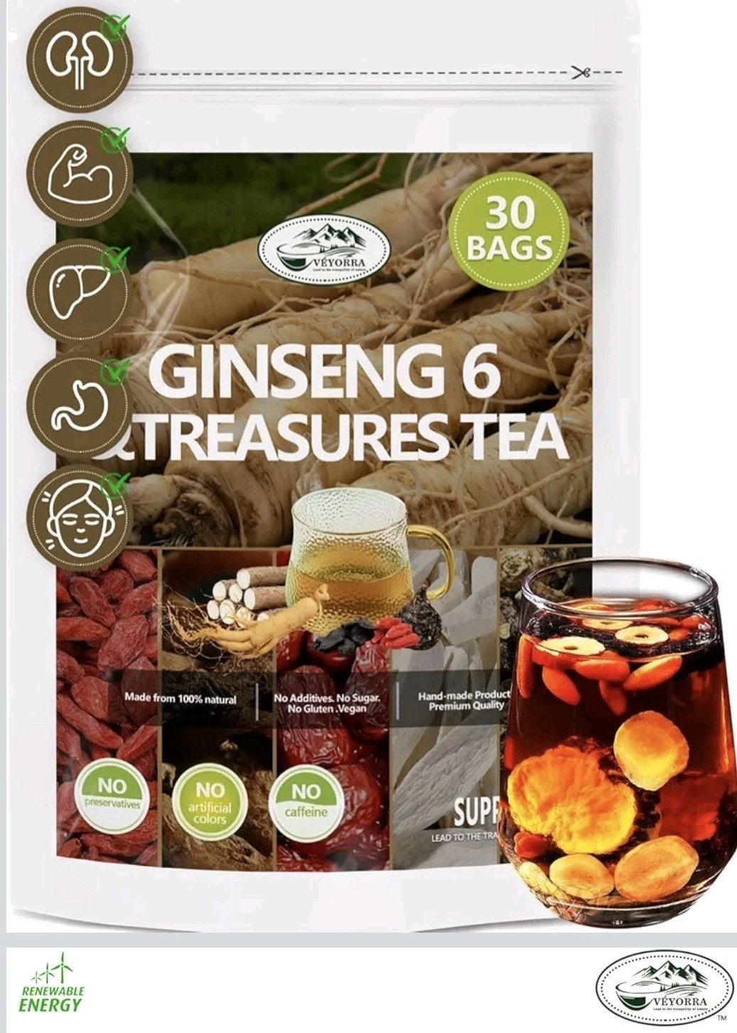 2 Veyorra 60 Ginseng Tea Bags SIX TREASURES Kidney Liver Health Energy Vitality