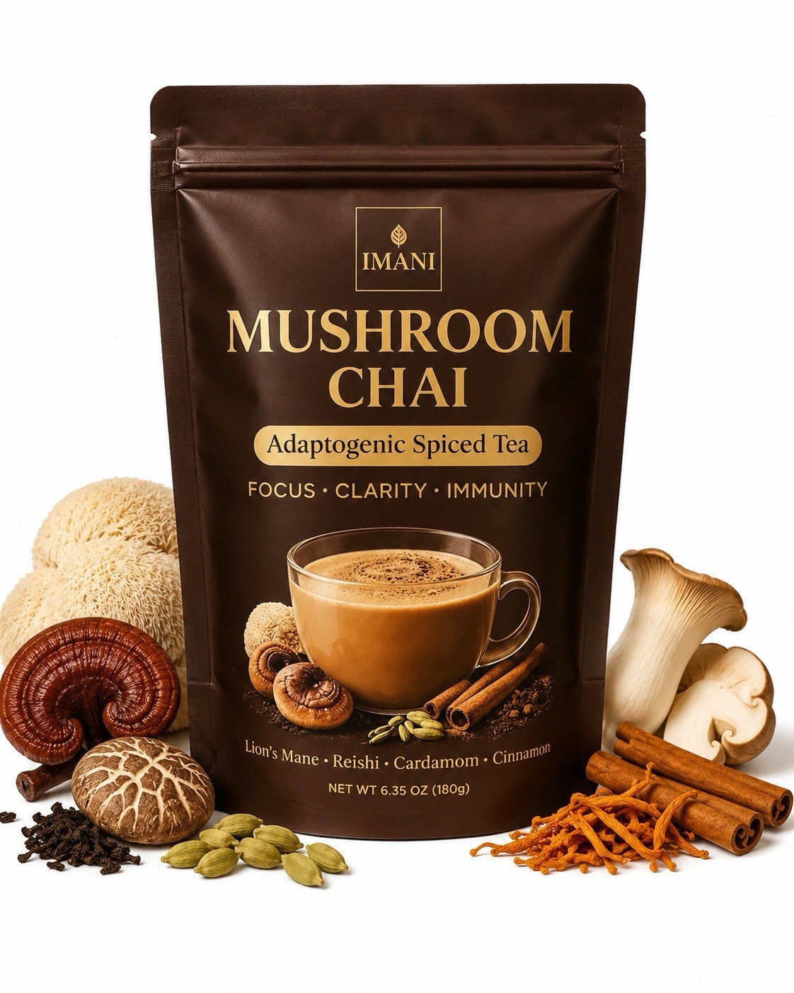 4 PACK IMANI ORGANICS Adaptogenic Mushroom Chai – Focus & Energy Blend 180g DEAL