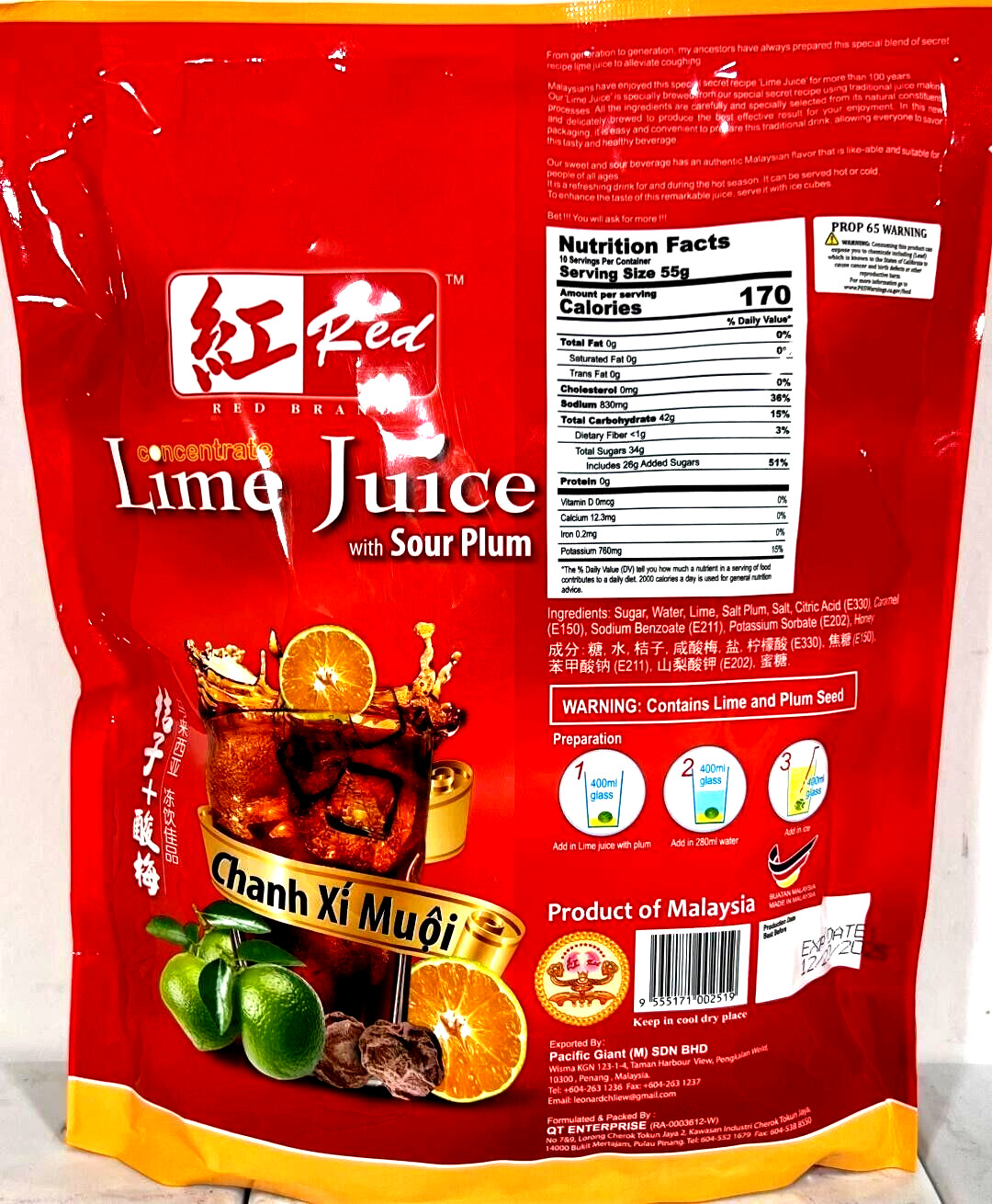 Red Brand Concentrate Lime Juice with Soup Plum 10 Sachets x 55g(Pack of 3)
