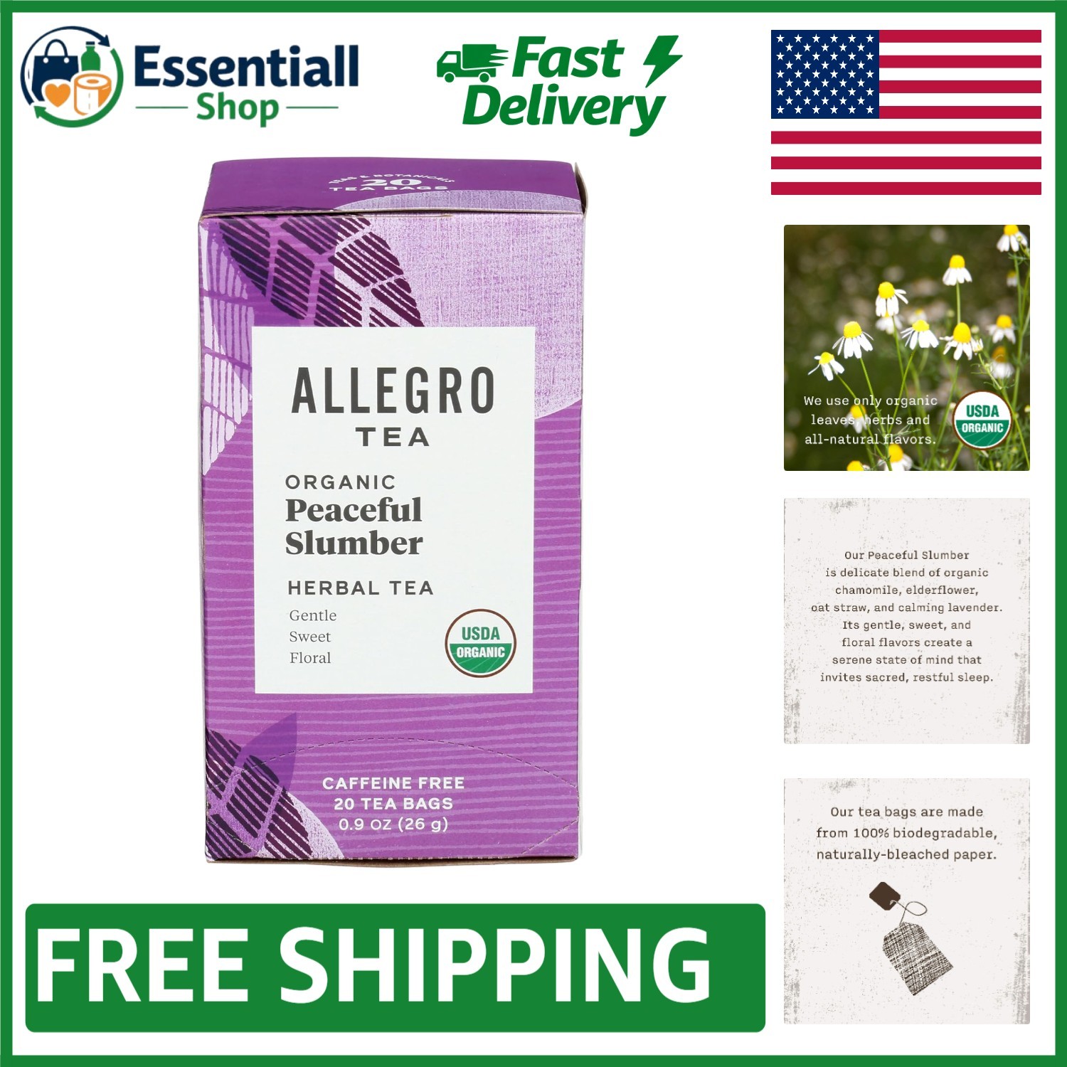 Caffeine-Free Herbal Tea Bags – Allegro Organic Peaceful Slumber, 20 Count