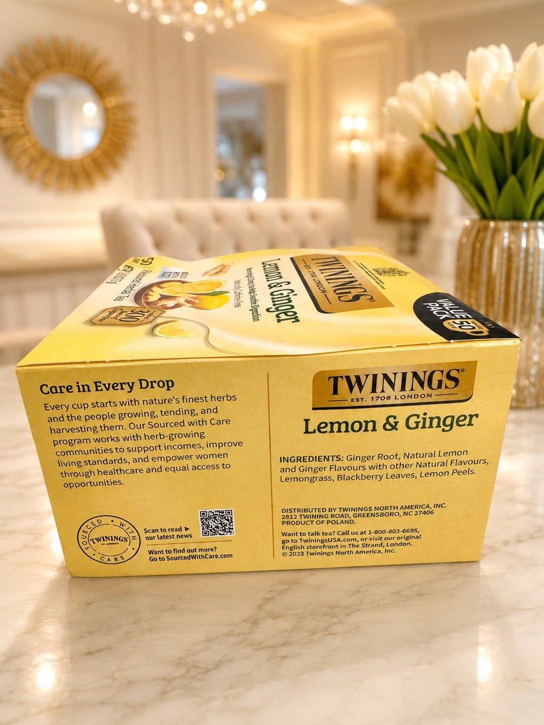 Lemon & Ginger Herbal Tea Bags 50 Count Caffeine Free Value Pack Exp 07/2027